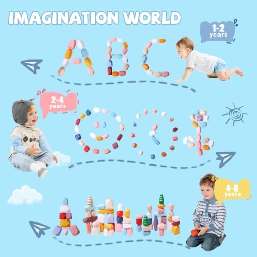 48 Pcs Wooden Stacking Rocks Building Blocks Montessori Toys for 3 Year Old - Image 4