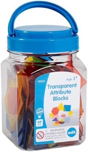 edxeducation Transparent Attribute Blocks - Mini Jar Set of 60 - Colorful, Plastic Shapes - Light Box Accessory - Sensory Play - Math Manipulative for Kids by EdxEducation