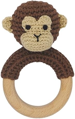 Joliecraft Safari Animals Wooden Baby Rattle Toys Stuffed Crochet Rattle with Teether Ring for Newborn, Brown Monkey by Joliecraft