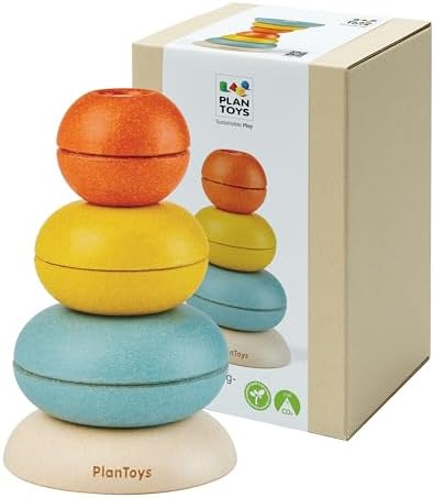 PlanToys® Stacking Cups Ring Wooden Montessori Size Colour Sorting Kids Toy by PlanToys