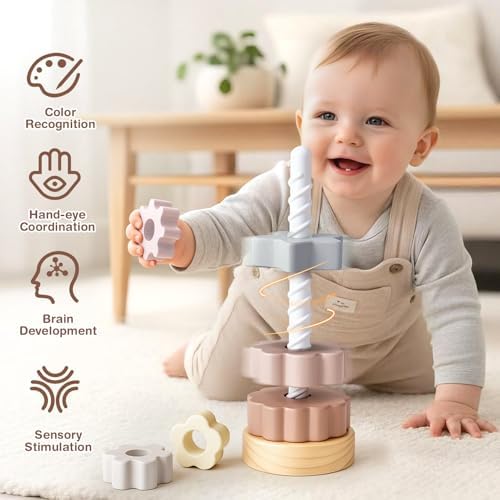 Joyreal Wooden Spinning Stacking Toys, Neutral Ring Stacker Montessori Toys for Toddlers 1-3, Christmas Birthday Gifts for Boys Girls - Image 5