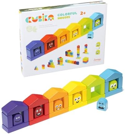 CUBIKA Wooden Construction Set Colorful Houses – 24-Piece Construction Play Set with Emotion Characters for Toddlers 2+– Montessori Toy for Creativity, Cognitive Development, and Emotion Recognition by Cubika