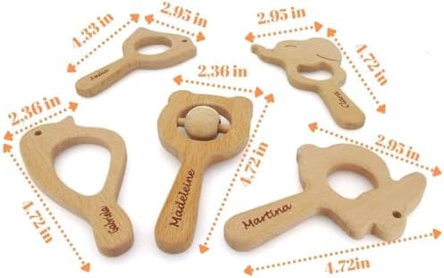 Personalized Wooden Baby Teether Rattle Set as a First Birthday Gift, ustomizable Newborn Baby Rattle Teether Baby Shower Gift, Welcome Baby Gift, 5 Pieces Montessori Wooden Babies Toys 0-6 Months - Image 4