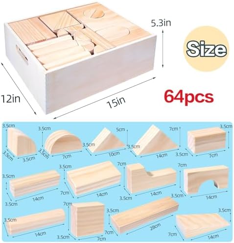 Large Wood Building Blocks with Wooden Storage Tray, 64-Piece Hardwood Sorting & Stacking Toys for Building & Balancing, Educational Preschool Learning Toys for 3+ Year Old Boy and Girl Gifts - Image 4