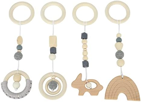 Baby Gym, 4Pcs Wooden Hanging Toys for Newborns, Play Gym Toys with Activity Nursing Rings for 0-6 Months (Gray) - Image 6