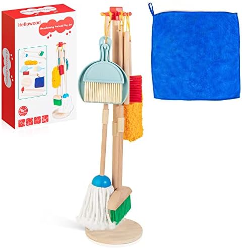Kids Cleaning Set, 8 Pcs Wooden Housekeeping Play Toy Broom Mop Set by HELLOWOOD