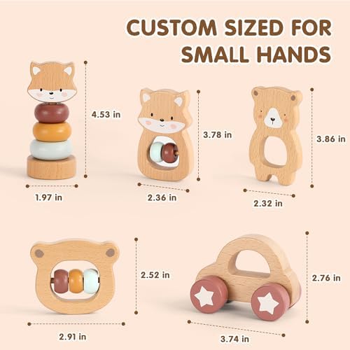 FReniland Wooden Montessori Toys, 5-Piece Wooden Baby Toys, Bear Baby Rattle, Fox Stacking Ring, Car Push and Pull Toys, Bear Grasping Toys,Newborn Baby Gift Sets for Boys and Girls - Image 5
