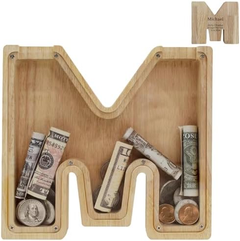 Wooden Letter Piggy Bank for Kids Boys Girls,Personalized Piggy Bank (Laser Engraving),A-Z Letters Coin Bank Money Box Customized Name, for Family Christmas Birthday Gift (M) by FINDAMAZE