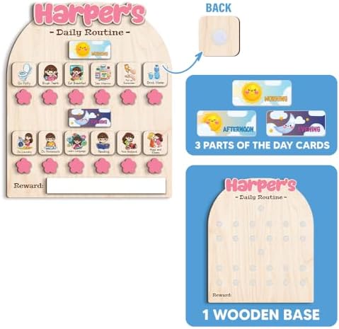 Personalized Wooden Chore Chart for Kids, Daily Routine Chart for Toddlers, Visual Schedule for Kids Age 3-5, Morning Bedtime Routine for Girls (02_1) - Image 3