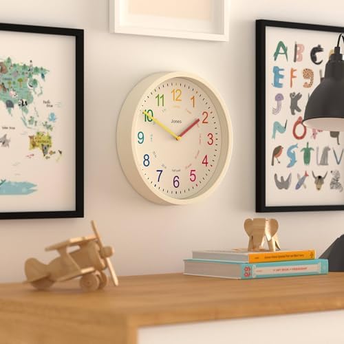 JONES CLOCKS® Kids Wall Clock | Small Modern Children’s Clock | 10 inch | Pale Cream | Colourful Numbers | Learn to Tell The time - Image 4