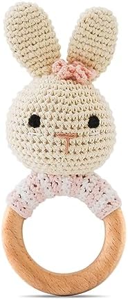 Chriswell Wooden Baby Rattle，Crochet Bunny Rattle with Wood Ring, Newborn Wooden Animal Rattle Toy，Infant Bunny Wood Rattle Toys，Bunny-2 by Chriswell