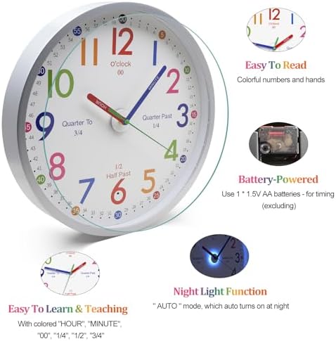 JoFomp Telling Time Teaching Clock, 8 Inch Illuminated Wall Clock for Kids Bedroom, LED Wall Clocks Battery Operated, Silent Learning Clock for Kids, Teachers & Classroom, Light Sensor - Auto Lighting - Image 6