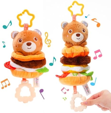 Jollybaby Baby Musical Pull String Hanging Toys for Stroller Car Seat Crib Play Gym, Plush Stuffed Hamburg Bear Toy for Carseat with Music Teether Crinkle, Sensory Toy for 0-6-12-18 Months Baby Gifts by Jollybaby