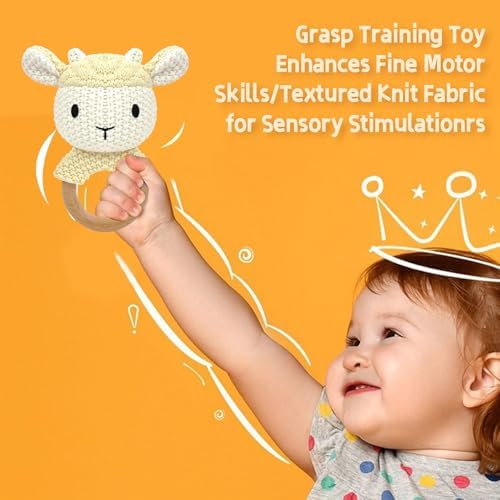 Sheep Baby Rattle for Newborn Plush Rings Crochet Lamb Teether Toy Baby Shower Wood Handle Textured Sensory Grip Fine Motor Skills Teething Toy Cute Farm Animal Plush Stuffed Stuffer Photo Prop - Image 6