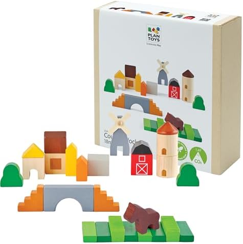PlanToys® Country Blocks Wooden Montessori Building Imaginative Kids Play by PlanToys