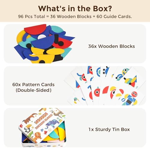 LovesTown Wooden Pattern Blocks Montessori Toys for Toddler Kids Open Ended Shape Puzzles Educational Tangram Preschool Learning Toy with 60 Cards 36 PCS (Pack of 2) - Image 2