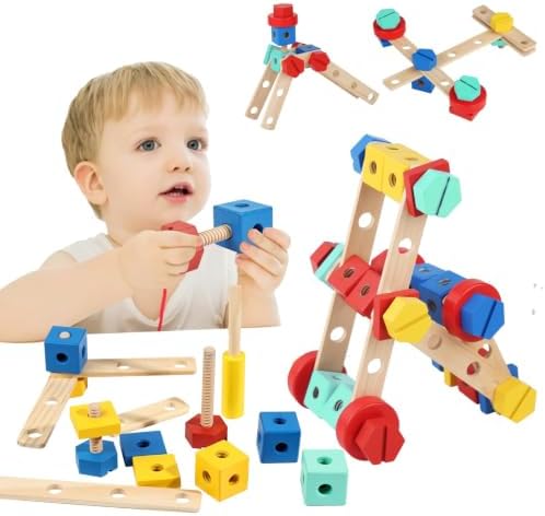 LOVELAND Wooden Take-Apart STEM Toy, 43-Piece Nut & Bolt Construction Set with Wooden Screwdriver & Wrench, Build Airplanes Helicopters Race Cars, Montessori Engineering Gift Ages 3-5 by LOVELAND