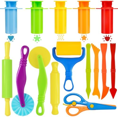 LCY WEDSHI Dough Tool Set, 15 Pcs Dough Tools Sets for Kids Ages 4-8, Dough Accessories Includes Cutters Roller, Rolling Pins, Safety Scissors, Plastic Knife by LCYWEDSHI