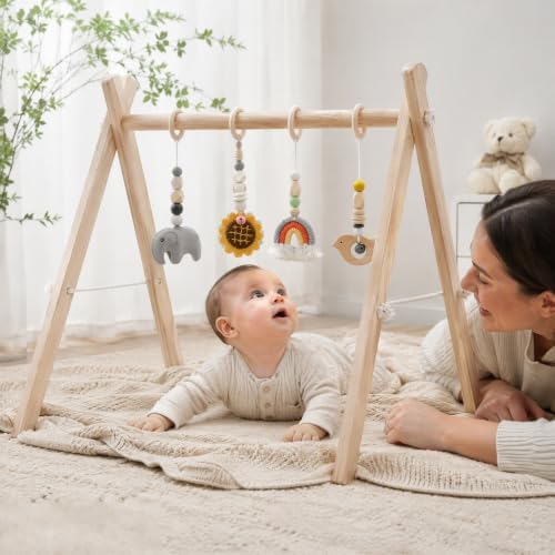 Wooden Baby Gym with 4 Handmade Hanging Toys, Natural Solid Wood Non-Toxic Play Gym for Tummy Time, Foldable Baby Activity Center for 0-12 Months, Baby Shower Gift - Image 6