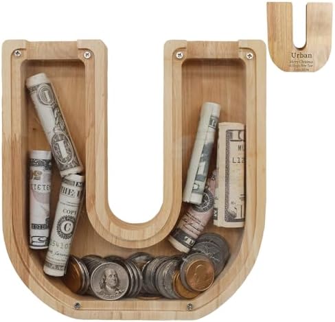 Wooden Letter Piggy Bank for Kids Boys Girls,Personalized Piggy Bank (Laser Engraving),A-Z Letters Coin Bank Money Box Customized Name, for Family Christmas Birthday Gift (U) by FINDAMAZE