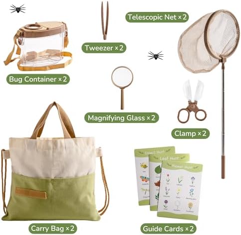 ROBOTIME 2Sets Bug Catcher for Kids, Sturdy Bug Catching Kit with Butterfly Net, Insect Box, Magnifying Glass, Tweezer, Clamp, Cards and Carry Bag, Bug Habitat Outdoor Explorer Kit for Kids 3-12 - Image 2