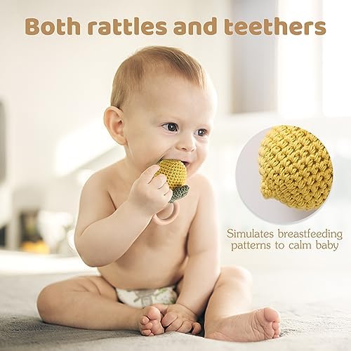 WOODEN TEETHER Crochet Baby Rattle, Crochet Baby Toys, Organic Wooden Newborn Toys, Newborn Animal Rattle Toys，Knitted Stuffed Animals Gifts for Baby, Lemon - Image 3