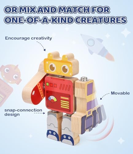 Fine Motor Building Robot Blocks for 3 4 5+Years Kids, Wooden Snap Builders - Image 3