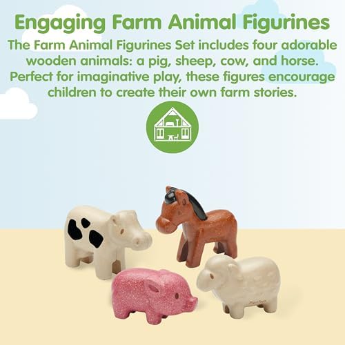 PlanToys Farm Animal Figurines Set - Four Cute Sustainably-Made Wood Pig, Sheep, Cow, and Horse Figures to Stimulate Interactive and Creative Play - Image 2