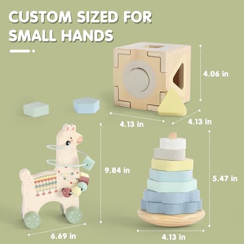 FReniland Montessori Toys for 1 Year Old，3-in-1 Wooden Baby Toys，Wooden Stacking Toy，Toddler Shape Sorting Cube, Llama Ring Toy,Newborn Baby Gift Sets for Boys and Girls - Image 5