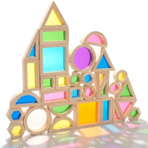 WOODENFUN Wooden Building Blocks Set for Kids, 32 Pcs Rainbow Stacker Game by WOODENFUN