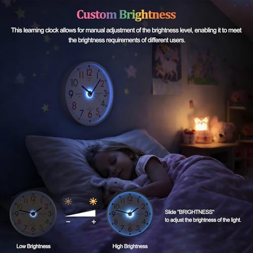 JoFomp Telling Time Teaching Clock, 10 Inch Illuminated Wall Clock for Kids Bedroom, LED Wall Clock Battery Operated, Silent Learning Clock for Kids, Teachers & Classroom, Light Sensor - Auto Lighting - Image 5
