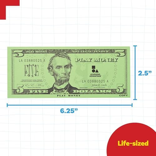 Learning Advantage Five Dollar Play Bills, Set of 100 Paper Bills - Image 3
