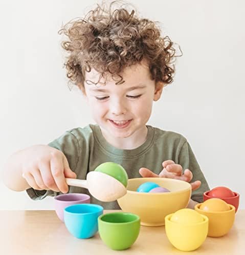 Montessori Large Rainbow Colored Sorting Ball in Cup | Preschool Color Matching Toy | Gross Motor Transfer Activity | 6 Toddler Safe Wooden Balls 46mm in Diameter - Non-Choking-Hazard - Image 2