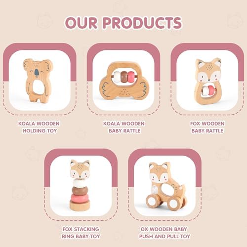 FReniland Wooden Montessori Baby Toys Set, 5-Piece Newborn Gift Set with Koala Rattle, Fox Stacking Rings & Push-Pull Toy for Boys and Girls - Image 6