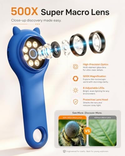 Kids Digital Microscope for Boys, 500X Handheld Pocket Microscope with 2" IPS Screen, Adventure STEM Toy for Travel, Camping & School Projects Age 5-12 (Dark Blue) - Image 3