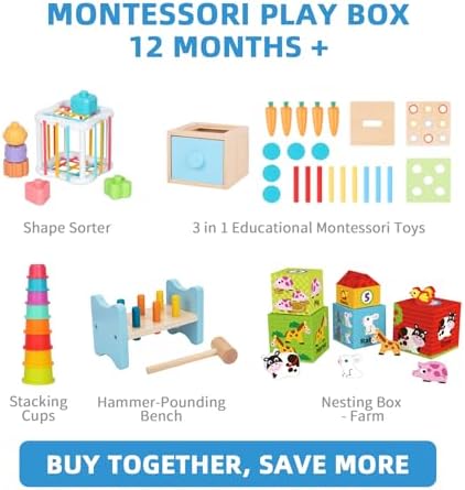 OOOK Montessori Toys for 1 Year Old, 7 in 1 Learning Educational Kit with Sensory Bin,Nesting Box, 3 in 1 Educational Box,Pounding Bench and Baby Stacking Cups - Image 2
