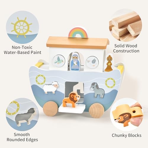 Wooden Noah's Ark Pull Along Toy with Bible Story Cloth Book - Montessori Sorting Set for Toddlers - Religious Baptism Gift for Boys & Girls -Christian Preschool Learning Toy for Kids - Image 3