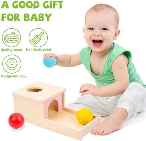Adena Montessori Object Permanence Box with Tray Three Balls Montessori Toys for 6-12 Months Baby 1 Year Old Infant Toddler Wooden Pink Door for Girl - Image 2