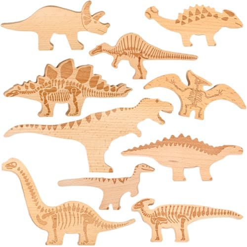 tickit Wooden Dinosaur Blocks | Set of 10 | Ages 10m+ | Open Ended Pretend Play Toy for Babies and Toddlers | Encourage Imagination by TickiT