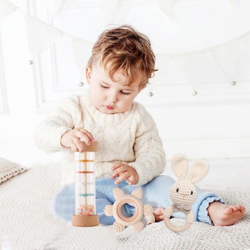 Youuys Wooden Baby Rattle Set (3pcs) - Crochet Rattle Rain Stick Teething Toys, Wooden Montessori Toy for Newborn Infant Baby Rattles Set Toys 3-6-12 Months (Bunny) - Image 5