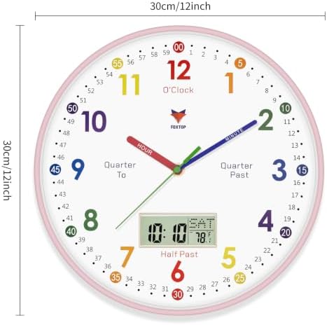 Foxtop Digital and Analog Learning Clock for Kids -Teaching Clock 12" Pink - Image 2