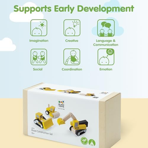 PlanToys® Road Construction Set Wooden Montessori Imaginative Kids Motor Toy - Image 4