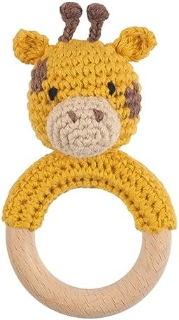 Joliecraft Safari Animals Wooden Baby Rattle Toys Stuffed Crochet Rattle with Teether Ring for Newborn, Giraffe by Joliecraft