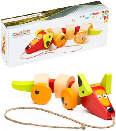 Cubika Wooden Walk Along Sausage Dog – Pull Toy for Toddlers Ages 1-3 – Montessori Inspired, FSC-Certified Wood, German Water-Based Paint – Travel Wooden Toys for Boys and Girls by Cubika