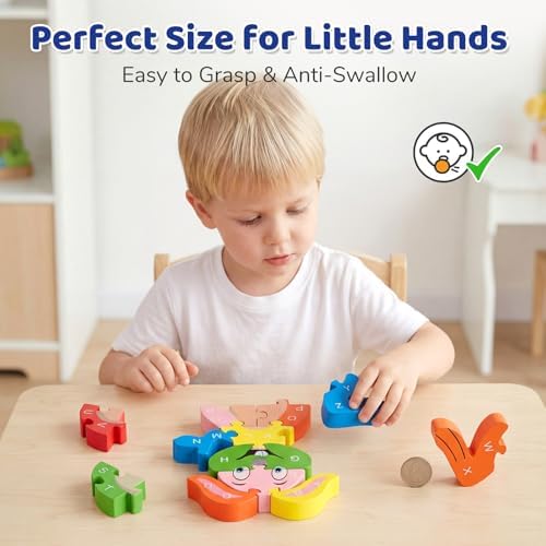 LovesTown Wooden Puzzles for Kids, Double Sided Rabbit Jigsaw with Alphabet & Numbers, Montessori Educational Toy for Toddlers, Chunky Animal Gift (Pack of 2) - Image 4