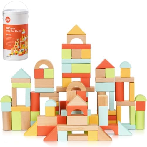 100 Pcs Building Blocks for Toddlers 1-3, Kids Wooden Blocks & Shape Sorter by PidokoKids