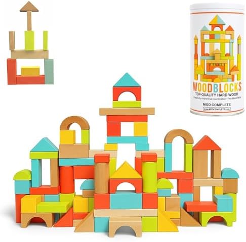 MOD 100-Piece Wood Building Blocks Set — Includes Heavy Duty Shape-Sorter Lid & Storage Bucket Pastel Color Wooden Blocks, Educational Screen-Free Toy for Toddlers Ages 1 2 3 by MODCOMPLETE