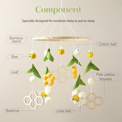 Wooden Bed Bell Crib Mobile with Music Box – Soft Felt Cartoon Bear Hanging Rattle Toy for Nursery Decor, Handcrafted Montessori-Inspired Crib Mobile (Yellow) - Image 3