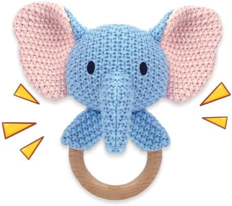 Elephant Baby Rattle Teething Ring Hand Knitted CrochetCute Jungle Animal Sensory Toy for Baby Boys Girls 0-3 Months Plush Stuffed Texture Montessori Grasping Shaker Stroller Travel Gift by JUSTQUNSEEN