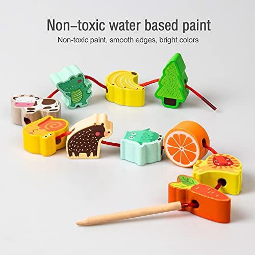 Montessori Educational Wooden Lacing Beads Toys for Toddler 3 4 5 Year Old, Farm Animals Fruits Vegetables Threading Toys Preschool Stringing Fine Motor Skills Toy for Boys Girls [with 3D Stickers] - Image 4
